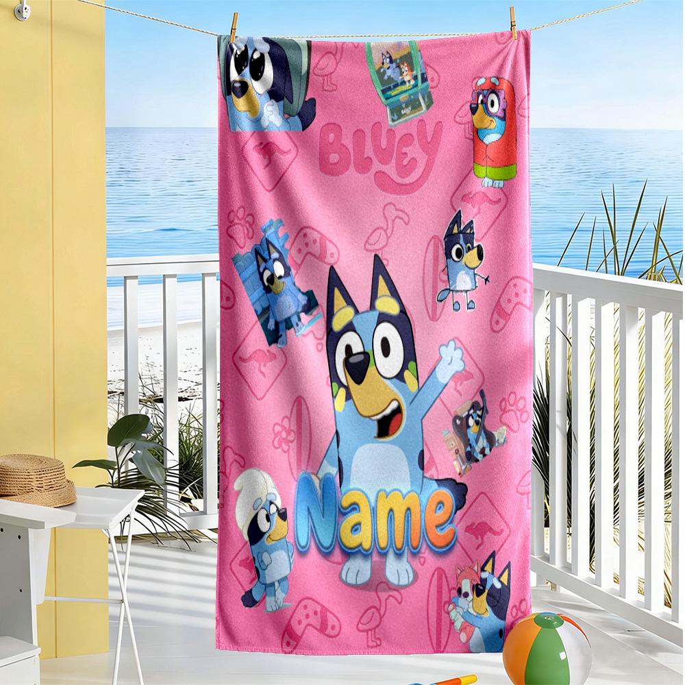 Bluey Friends Adventure Personalized Name Beach Towel Super Soft Microfiber Quickdry Fabric