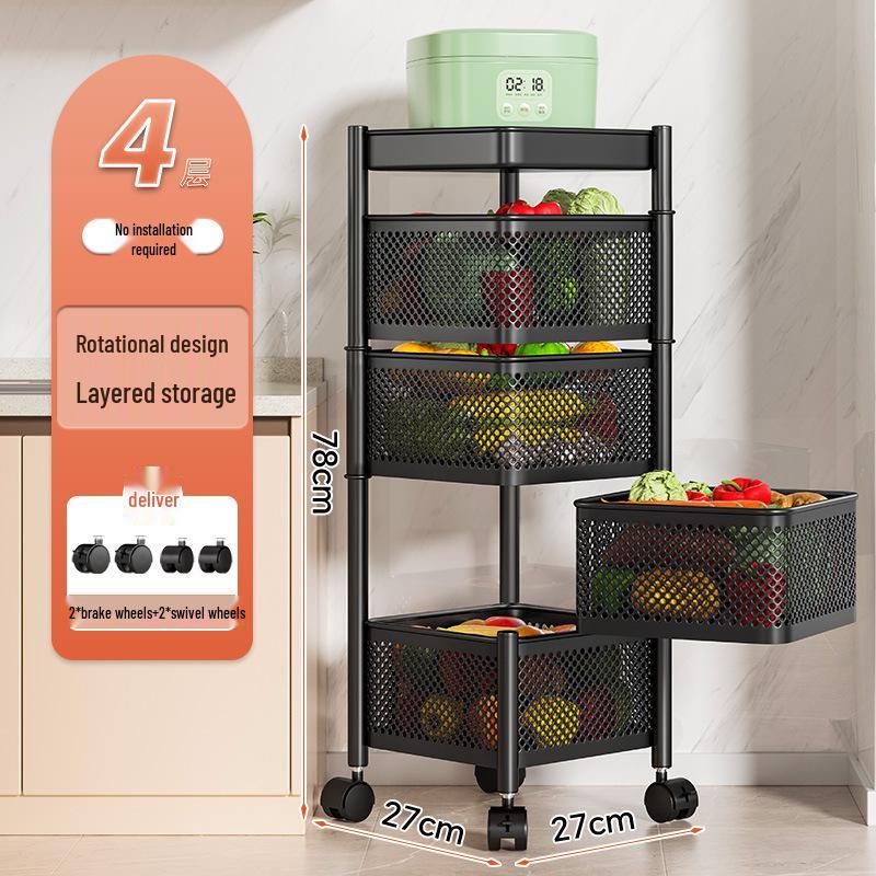 Вращающаяся многофункциональная кухонная тележка на колесах - Напольная многоярусная стойка для хранения закусок, фруктов и овощей