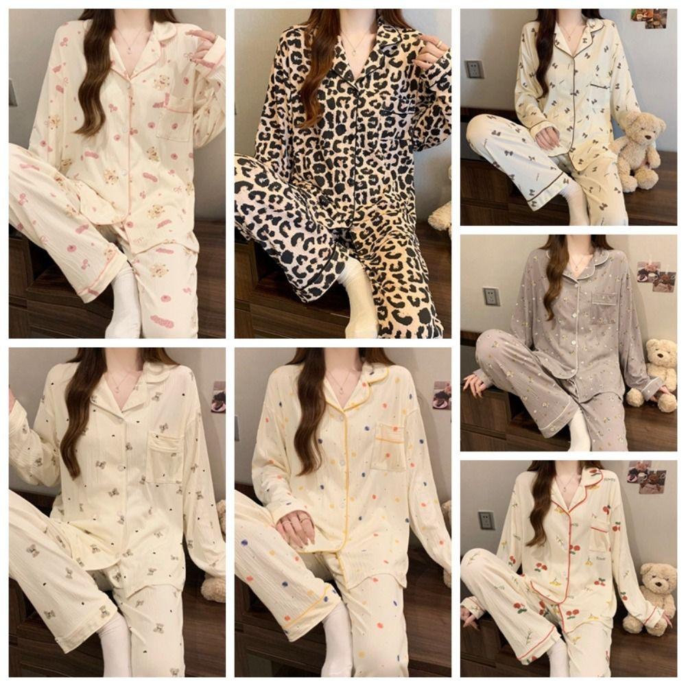 Bear Long Pajama Set Bow Lady Nightwear Suit Comfortable Women's Loungewear Female