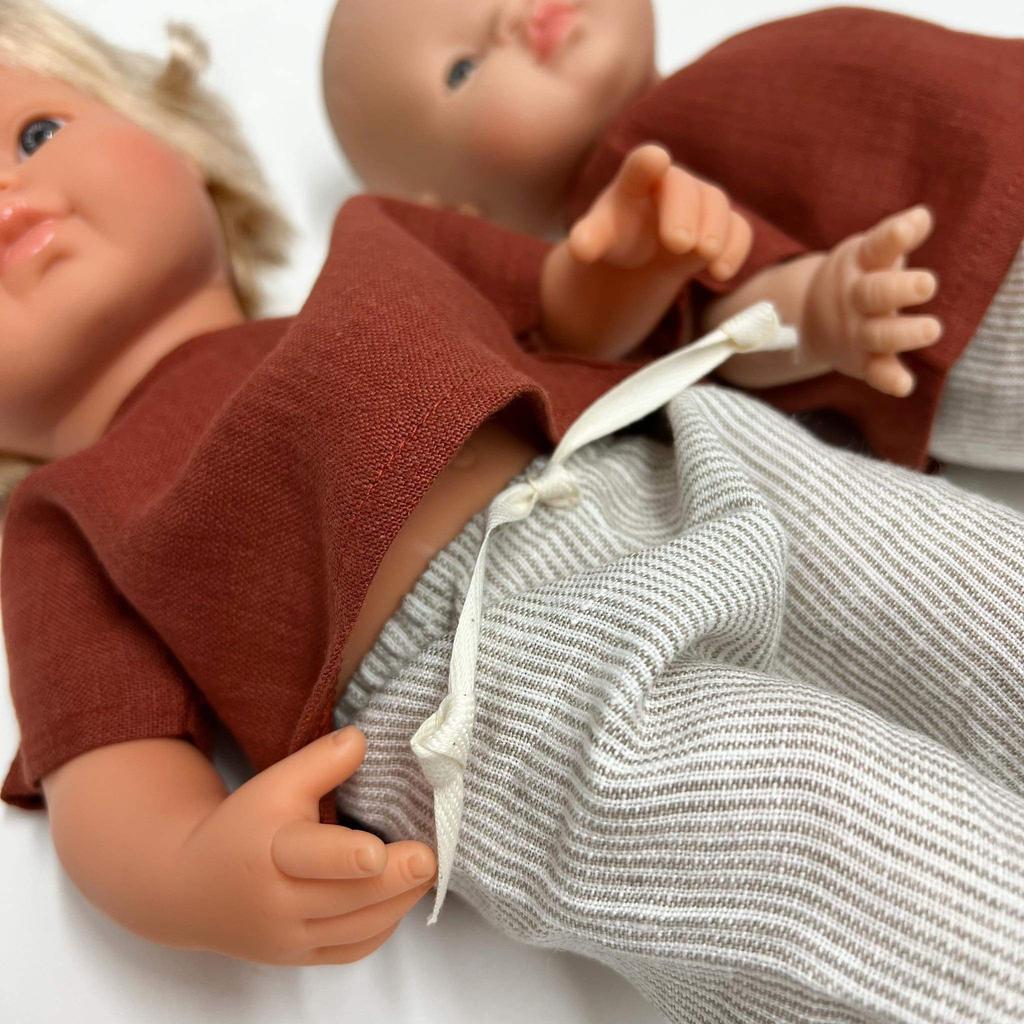 Linen Set, Red Blouse and Striped Trousers for Miniland Doll 38cm and Paola Reina