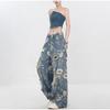 Vintage Printed Jeans Women Fashion New Floral Korean Hip Hop Denim Trousers 2025 Spring Autumn Loose Casual Wide Leg Y2K High Street Pants