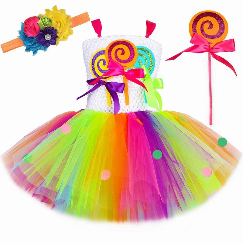 Rainbow Candy Lollipop Costume for Girls Birthday Party Tutu Princess Dress Ball Gown Carnival Christmas Halloween Clothes 14Y