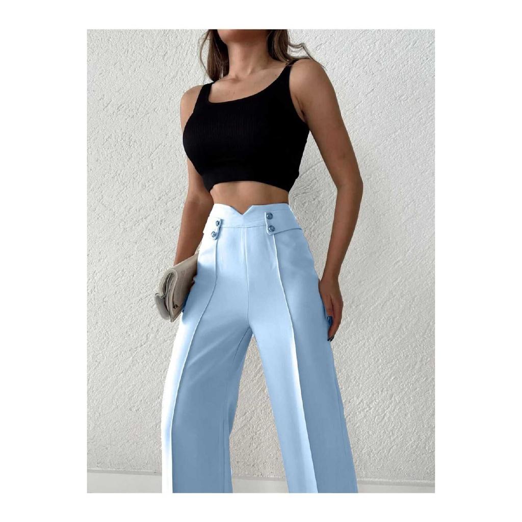Women's High Waist Palazzo Buttoned Detail Slim Fit Pants