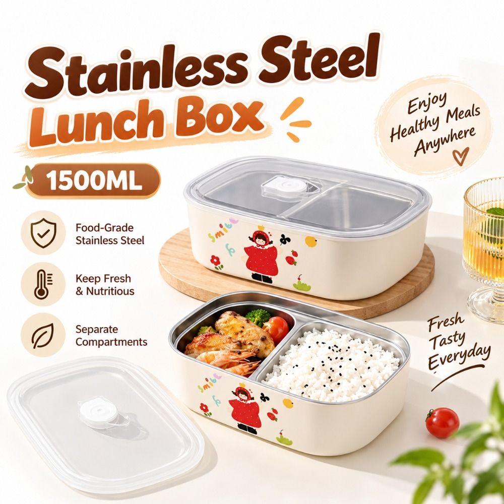 1500ML Meal Container Clear Lid Food Storage Container Stainless Steel Lunch Box Daily Meal Prep