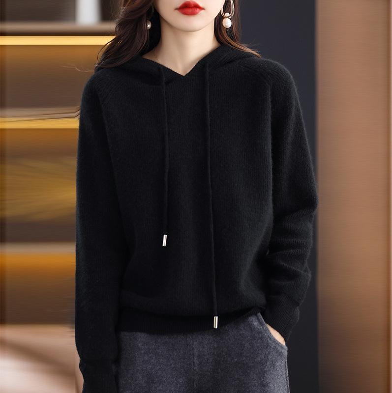 Women's Hooded Cashmere Sweater - 2026 Autumn/Winter Seed Stitch Loose Slimming Warm Base Layer