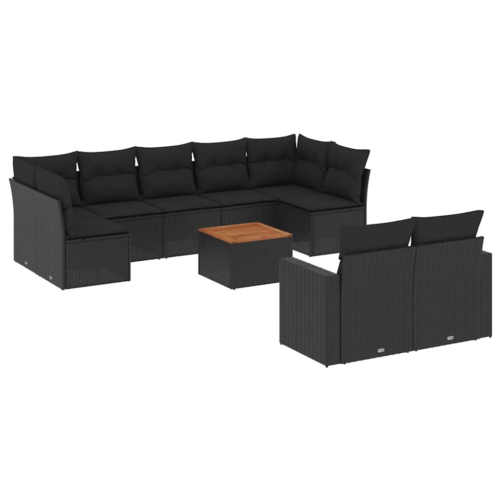 10 piece Garden Sofa Set with Cushions Black Poly Rattan