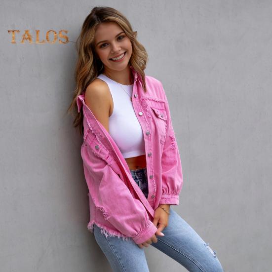 Женская джинсовая куртка в стиле ретро, однобортная, с рваными отверстиями, отложным воротником, длинными рукавами, однотонными карманами с клапанами, женское пальто для поездок на работу и шопинга