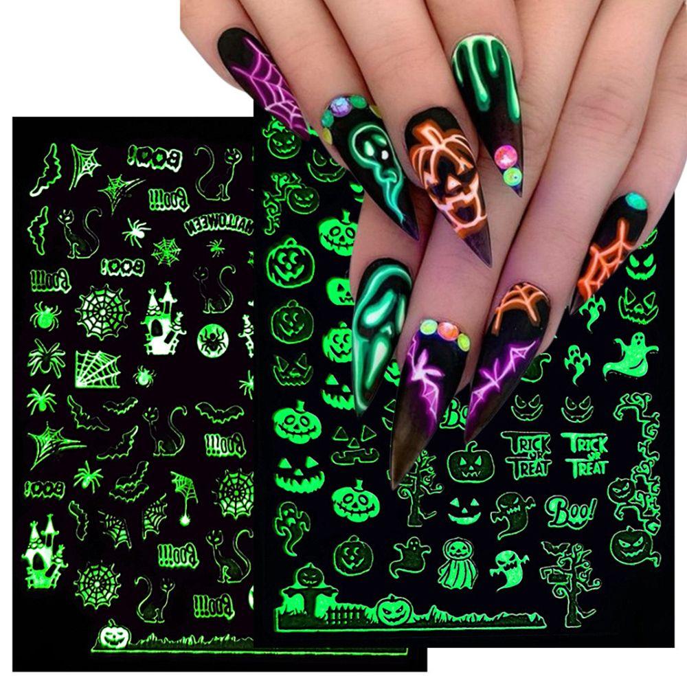 Adhesive Skull Pumpkin Spider Web Manicure Luminous 3D Halloween Nail Stickers Glow In The Dark
