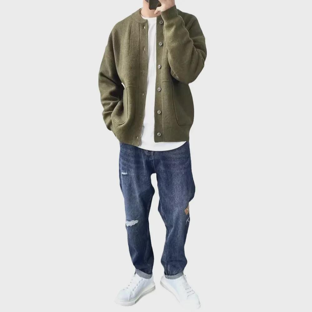 Мужской шерстяной кардиган в японском гонконгском стиле — круглая горловина, свободный крой, плотный вязаный свитер для весны и осени