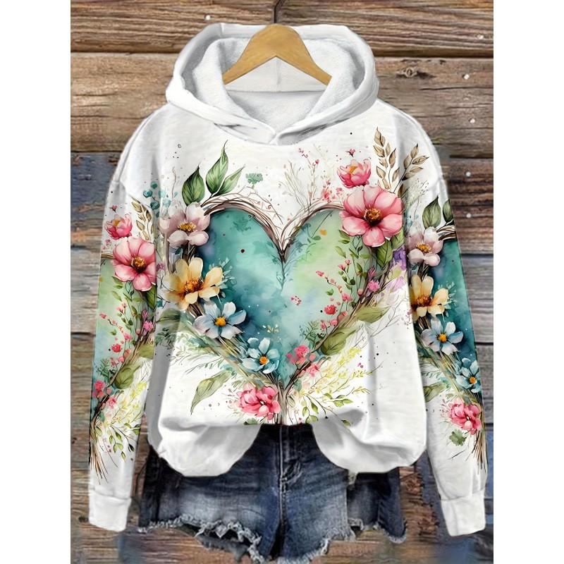 Womens Oversized Hooded Long Sleeve Sweatshirt With Floral Plaid Print Comfortable Breathable Casual Top