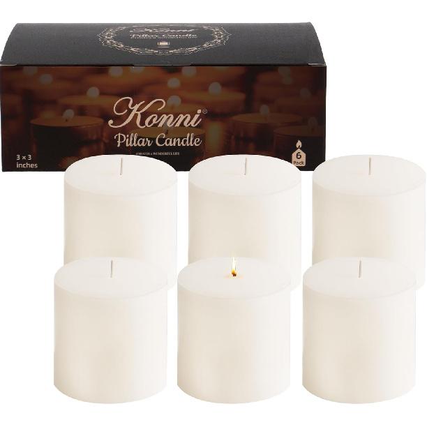 KONNI White Pillar Candles Set of 6, 3"x 3" Unscented Pillar Candles Bulk, 30 Hours Long Burning Candles, Smokeless&Dripless Large Round Candle for