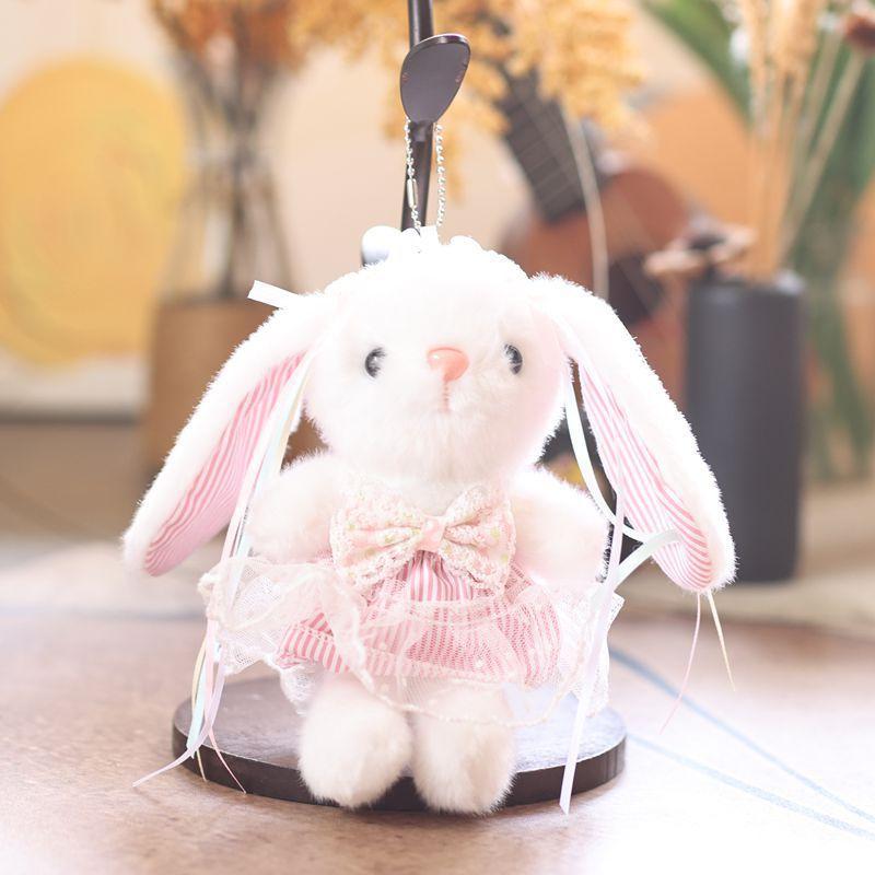 Cute Bunny Plush Doll With Striped Fabric For Bag Pendant And Key Holder