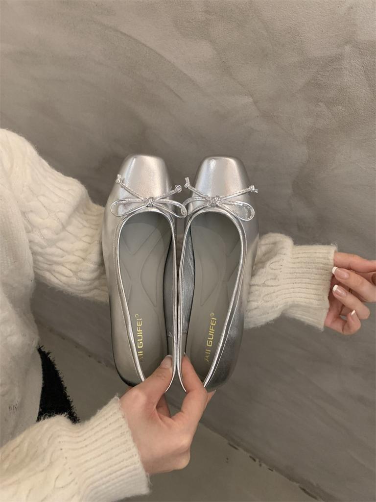 French Retro Silver Bow Flats Gentle Style Women's Shoes