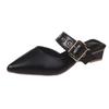 Belt Buckle Half Slippers for Women To Wear Externally 2024 Summer New Korean Style Pointed Thick Heel Wrapped Slippers for Women