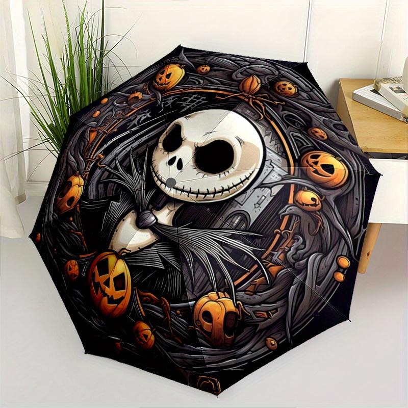 1pc Disney Jack Skellington Halloween Automatic Open/CloseUmbrella-CuteUmbrella with Cute Design, Portable 3-Fold Compact Umbrella for Men &