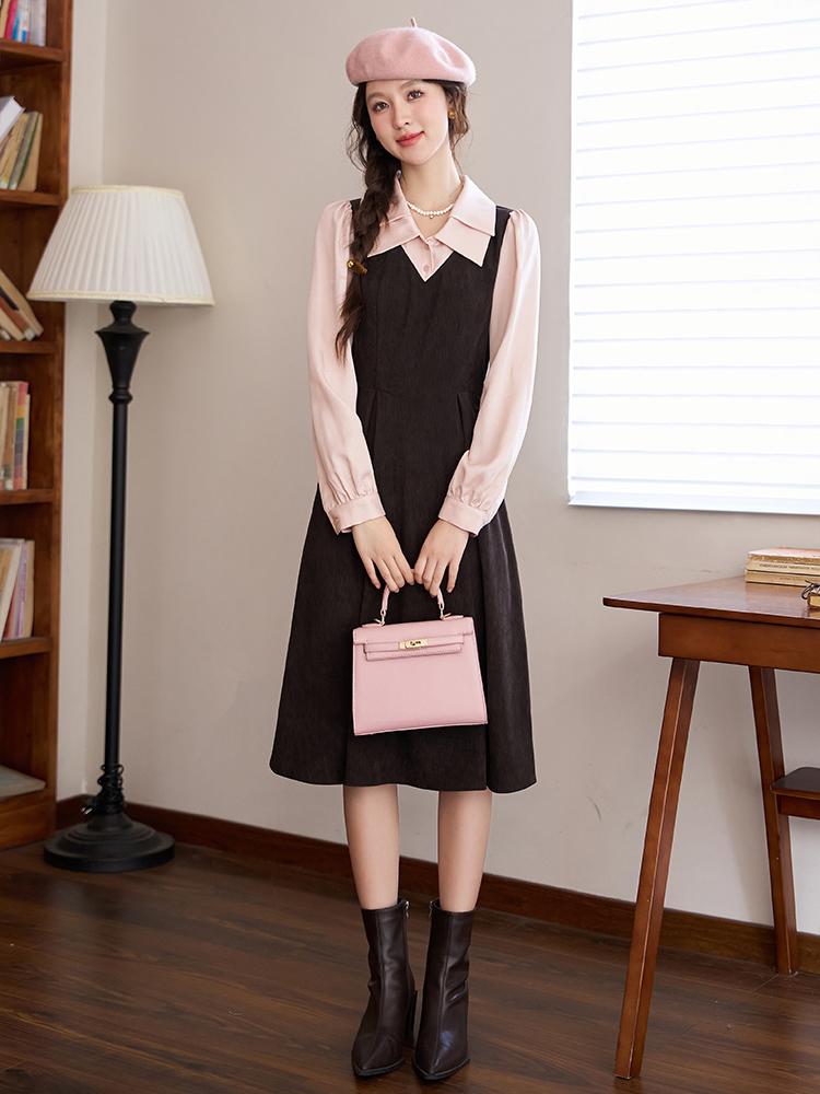 Mishow Женское французское лоскутное платье, осень 2023, элегантное платье с талией, длинными рукавами, лацканами и боковой молнией, искусственные платья из двух предметов MXC45L1585