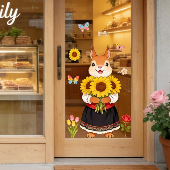 Spring Fox Window Clings Cartoon Fox Flowers Butterflies Glass Sticker Removable Cute Animal Window Decals for Home Office Shop