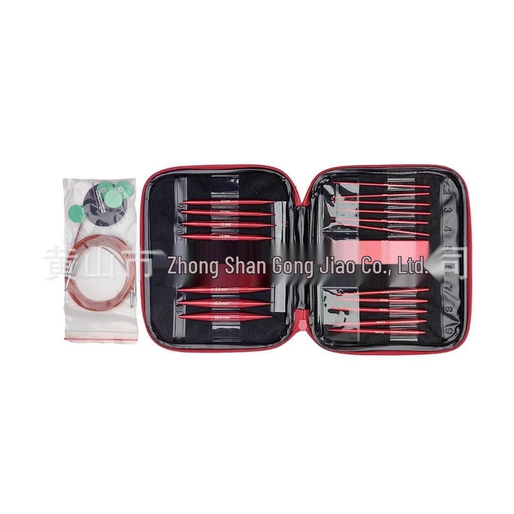 Matte Red Anodized Aluminum Circular Knitting Needles Set, 13 Pairs with Detachable Replacement Cords for Cross-Stitch Sweaters