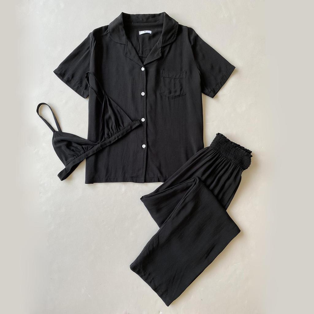 Women’s Sleeping Suits Rayon Pajamas 3 Pieces Set Short Sleeves Button Top Long Pants Comfy Bra Spring Summer Home Wear Lounge Suit Nightwear