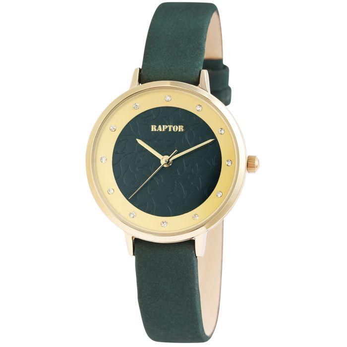 Montre - RAPTOR - Crinkle - Boîtier doré 32 mm - Cadran vert - Bracelet cuir vert 12 mm