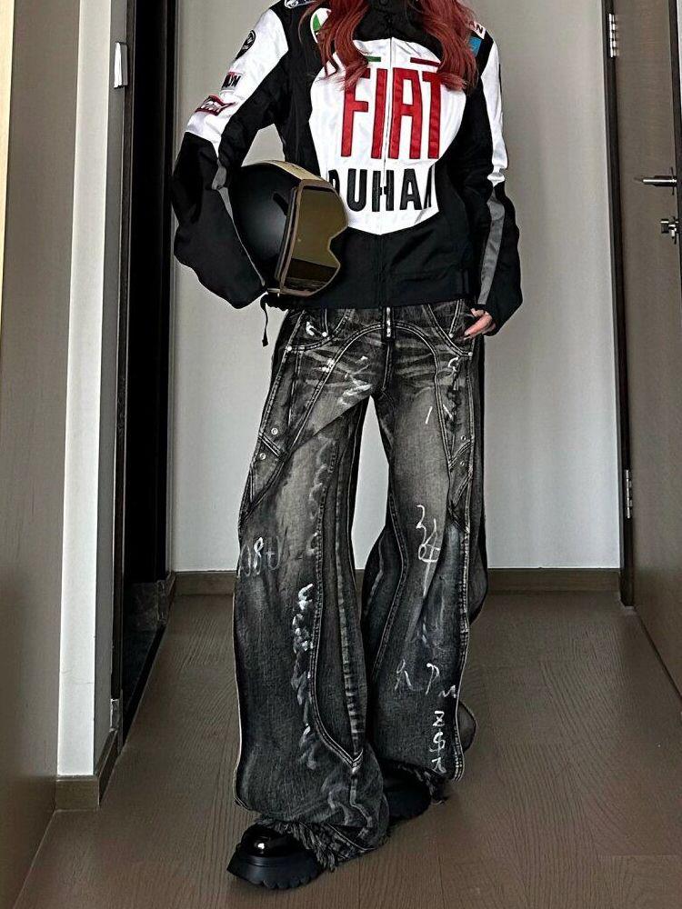 Унисекс Джинсы ретро с широкими штанинами тай-дай 2024 – Американский уличный стиль