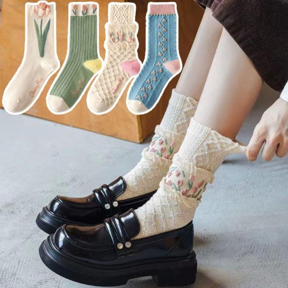 Носки с тюльпановым кружевом, теплые хлопковые носки, летние женские носки с цветами, женские