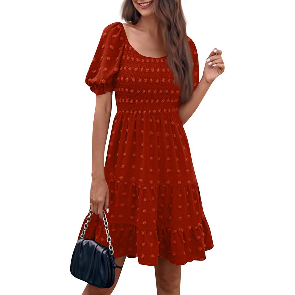 Женские модные повседневные однотонные платья с квадратным вырезом и коротким рукавом в горошек