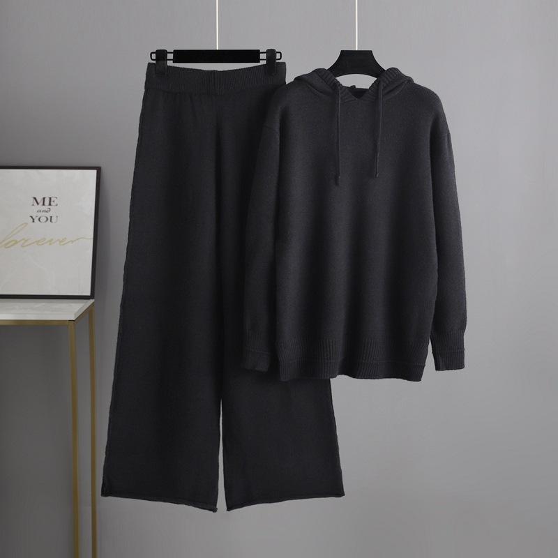 Fall Winter Hooded Sweater Knit Suit Solid Color Long Pants Two Piece Set