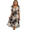 Женское свободное повседневное платье с V-образным вырезом, расклешенная юбка, короткие рукава, напечатанное платье с принтом