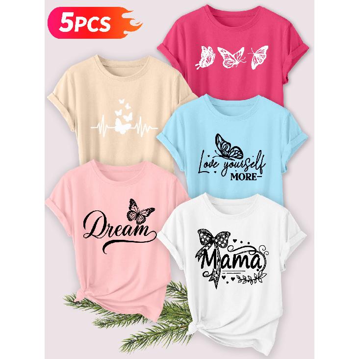 Five-piece set Elegant short-sleeved shirt for women Butterfly series printed round-neck women's short-sleeve shirt suitable for spring and summer