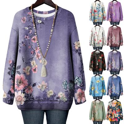 Женская футболка с цветочным принтом, круглым вырезом и длинными рукавами, свитшот