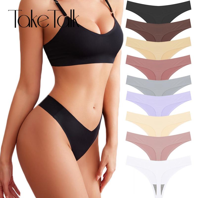 FINETOO Women Seamless Thong Maillard Color Sexy G-String Female Multi Color Ice Silk No Trace Underwear High Cut Soft Panties