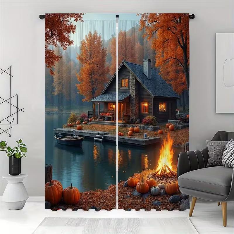 2 шт. Шторы с принтом озерного пейзажа, подходят для декора спальни, гостиной, кухни, декора дома, декора окна