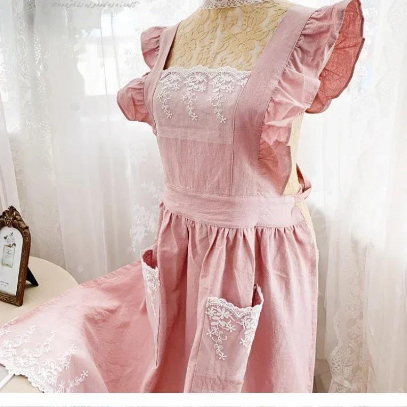 Винтажное модное хлопково-льняное платье-фартук с рукавами-рюшами и кружевной отделкой