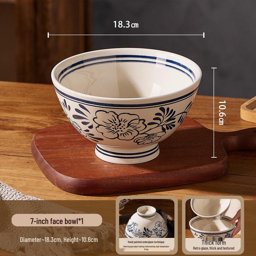 Retro Hand-Painted Blue & White Large Noodle Bowl - High-Footed Porcelain for Creative Dining