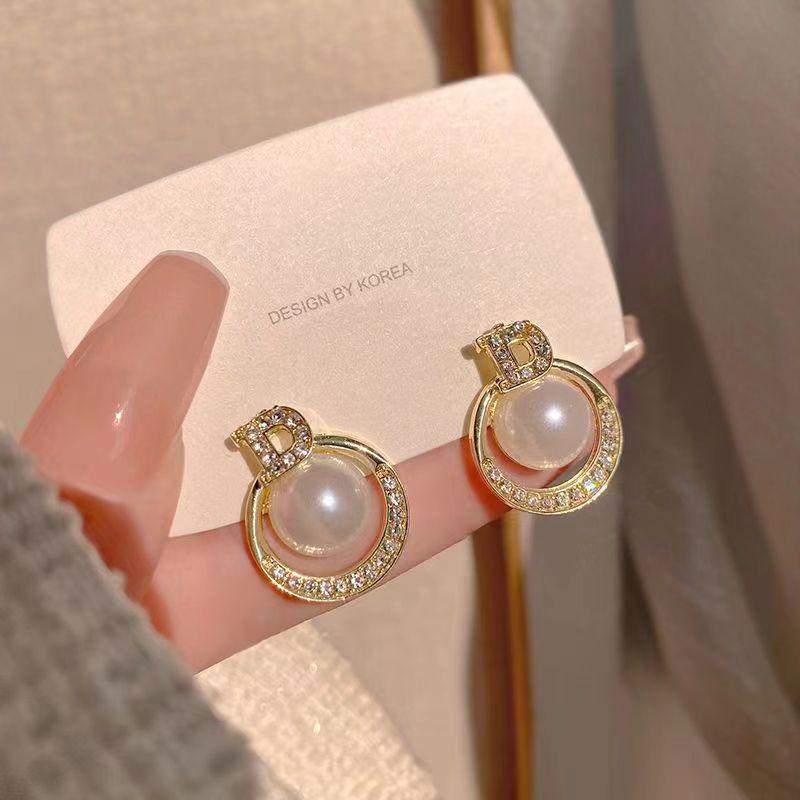 Серебряные серьги s925 с буквой D, светлые, роскошные круглые серьги с жемчугом и цирконом