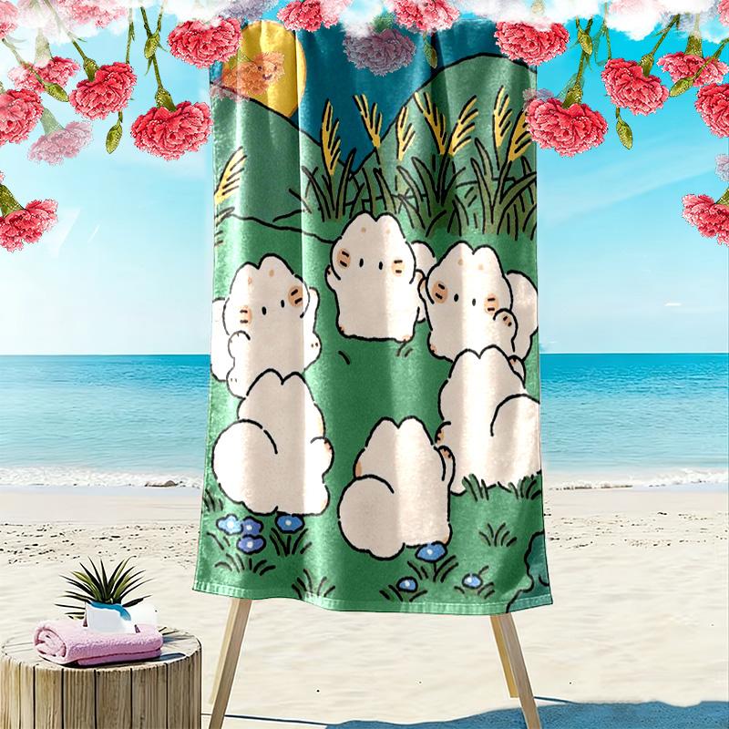 Cute Cartoon Cat Party Print 2D Flat Print Beach Towel, Large Soft Quick Dry Towel for Beach Camping SwimmingZSTJ0915270