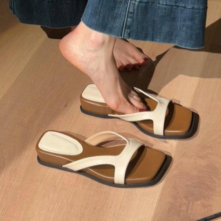 Версия из мягкой кожи~ Корейская версия простых шлепанцев на толстой подошве, женские ретро-повседневные шлепанцы на мягкой подошве с открытым носком, простые крутые шлепанцы