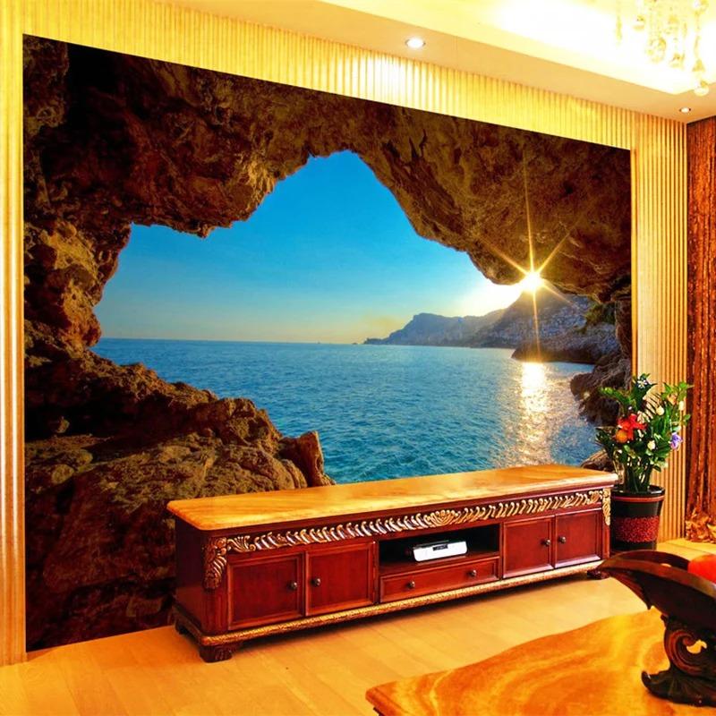 3d обои стерео морской пейзаж фреска риф пещера фреска гостиная спальня расширение пространства фон обои