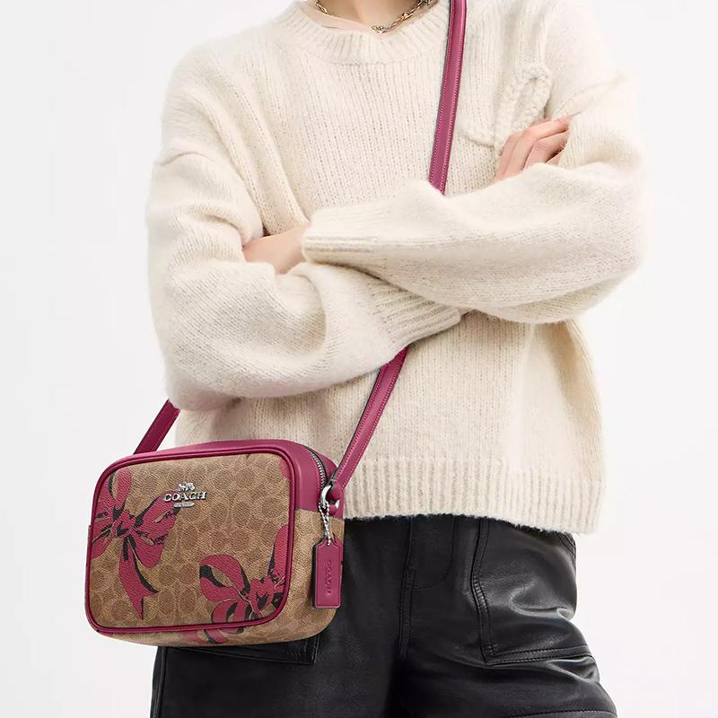 COACH Jamie 22 bow print zipper closure coated canvas camera bag crossbody bag shoulder bag small size women's dark brown with pink