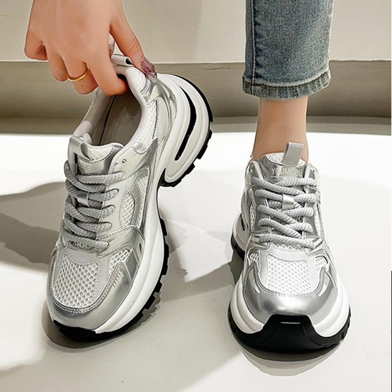 Fashion Casual Thick Sole Mesh Breathable Height Increasing Tenis Shoes Lace Up Sneakers Women Casual Thick Sole Sneakers 35-40