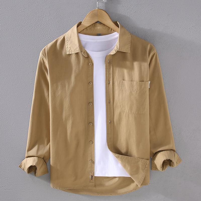 Повседневные мужские рубашки в японском стиле, весна-осень, мужские топы, повседневная однотонная рубашка с отложным воротником, рубашка из чистого хлопка на пуговицах