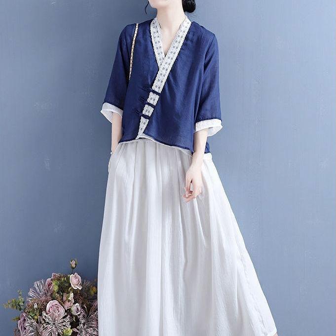 Women's Cotton Linen V-Neck Cardigan - Loose Fit, 3/4 Sleeve, Summer Retro Color Block Design