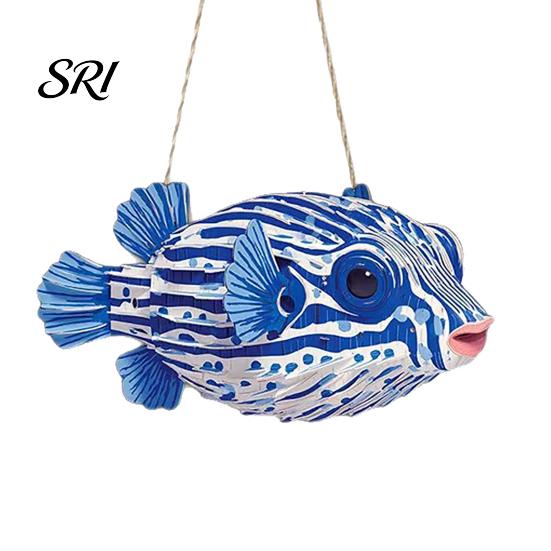 2D Wooden Wall Sign Ocean Theme Striped Puffer Fish Decor Nautical Hanging Rustic Rope with Hemp Decorative Beach Pendant for House Summer Decoration