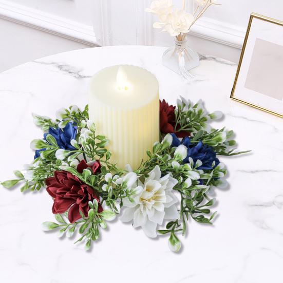 2Pcs Patriotic Artificial Wreath Candle Independence Holder Day Pillar Candle Ring Red White Blue