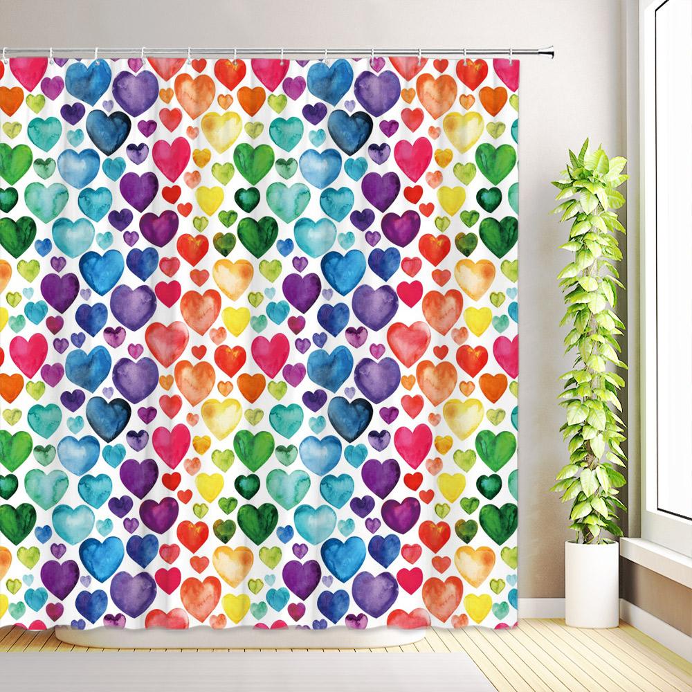 Valentine's Day Shower Curtain Romantic Pink Red Love Heart Rose Flower Mushroom Bathroom Decor Fabric Bath Curtain with Hooks