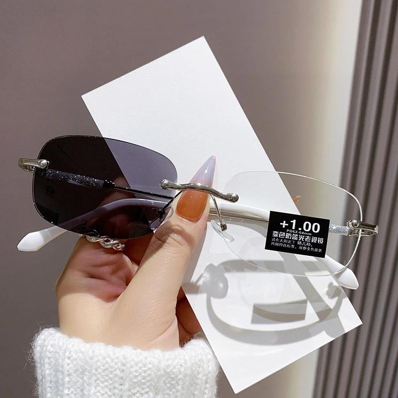 Безободковые очки для чтения с изменяющими цвет линзами, модный тренд, женские, мужские, очки для дальнозоркости, фотохромные солнцезащитные очки для улицы