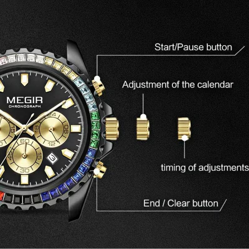 MEGIR Fashion Diamond Inlaid Rainbow Dial Watches Waterproof Luminous Calendar Multifunctional Quartz Watches