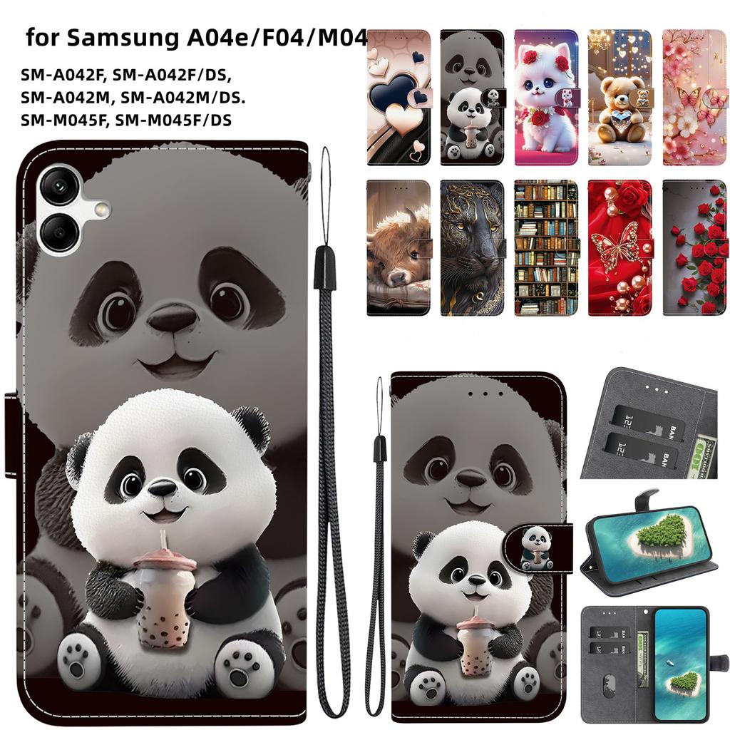 Чехол-книжка из искусственной кожи ручной работы для Samsung A04e/F04/M04 (SM-A042F/E045F/M045F)- Противоскользящий ударопрочный чехол с ремешком на запястье и дизайнами в виде сердец/роз и кошек
