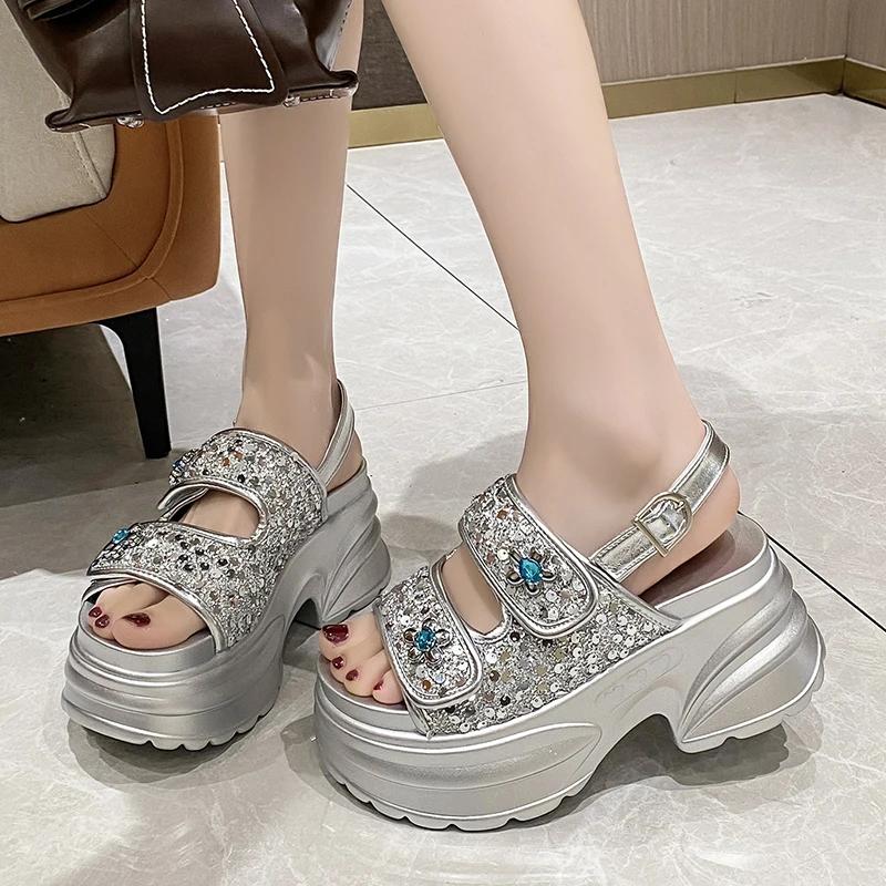 Fashion 8.5CM Chunky Platform Bling Rhine Stone Sandals Women High Heels Non-slip Slippers Wedge Sneakers Ladies Beach Summer Sandalias